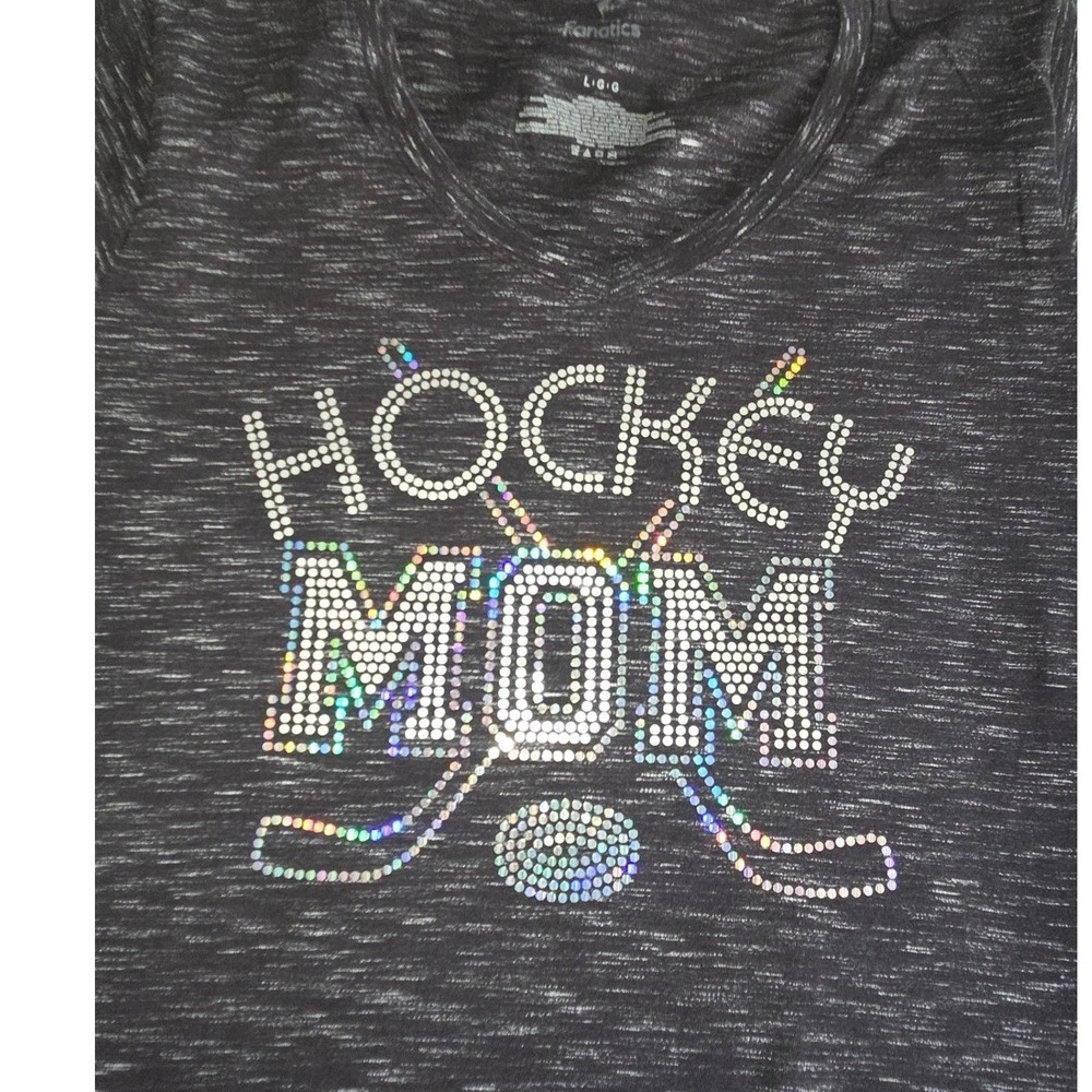 Hockey Mom Rhinestone V-Neck Tee Women's Large Gray Short Sleeve Shirt - Picture 2 of 3